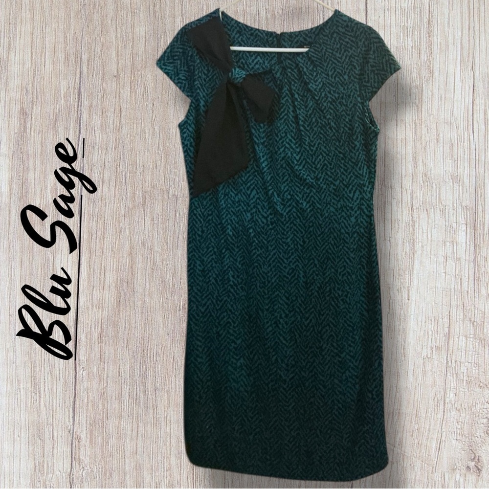 🌺Blu Sage Mod Style Teal/Black MIDI Dress With Black Bow